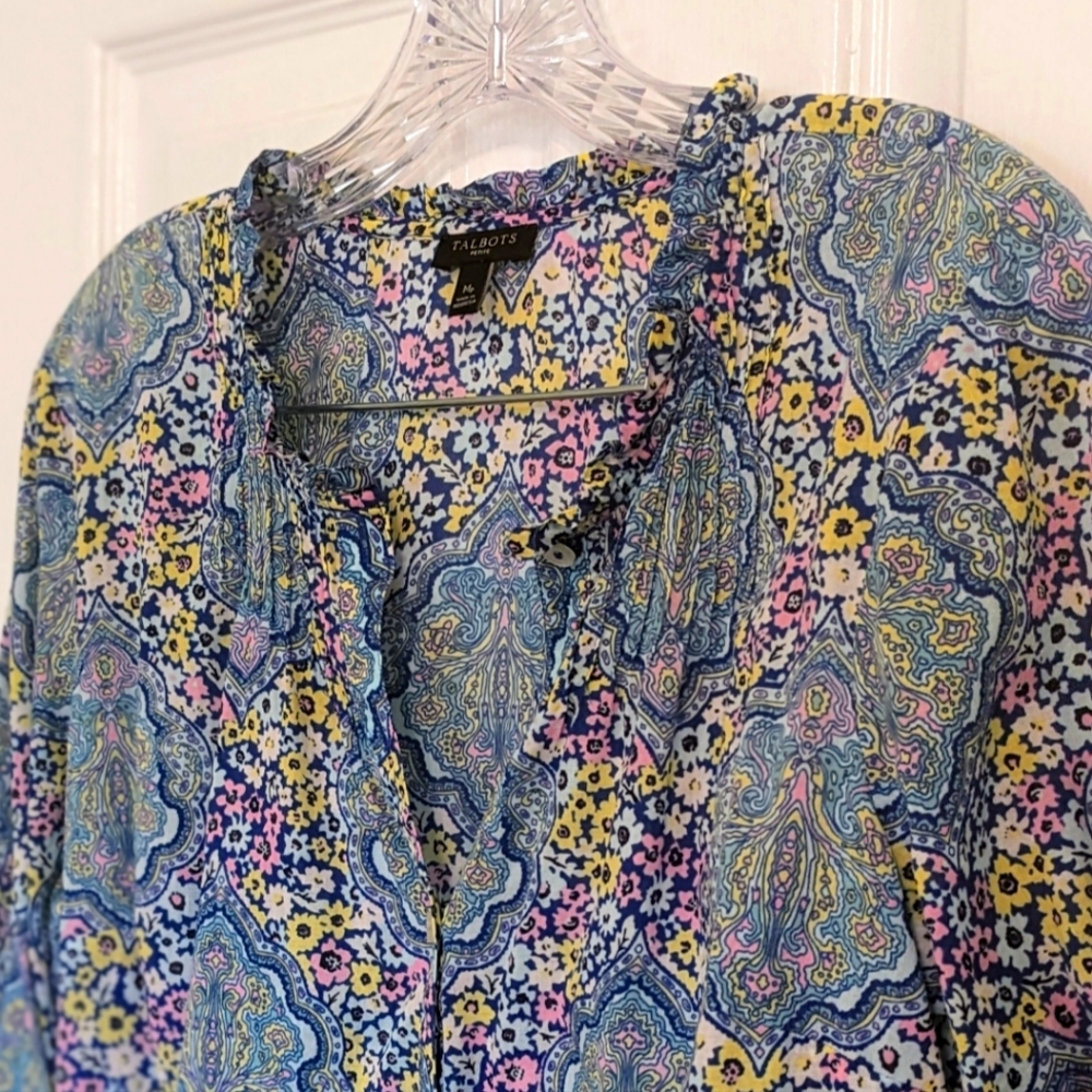 Talbots Petite Summer Ditsy Floral Popover Long Sleeve Blouse 100% Cotton